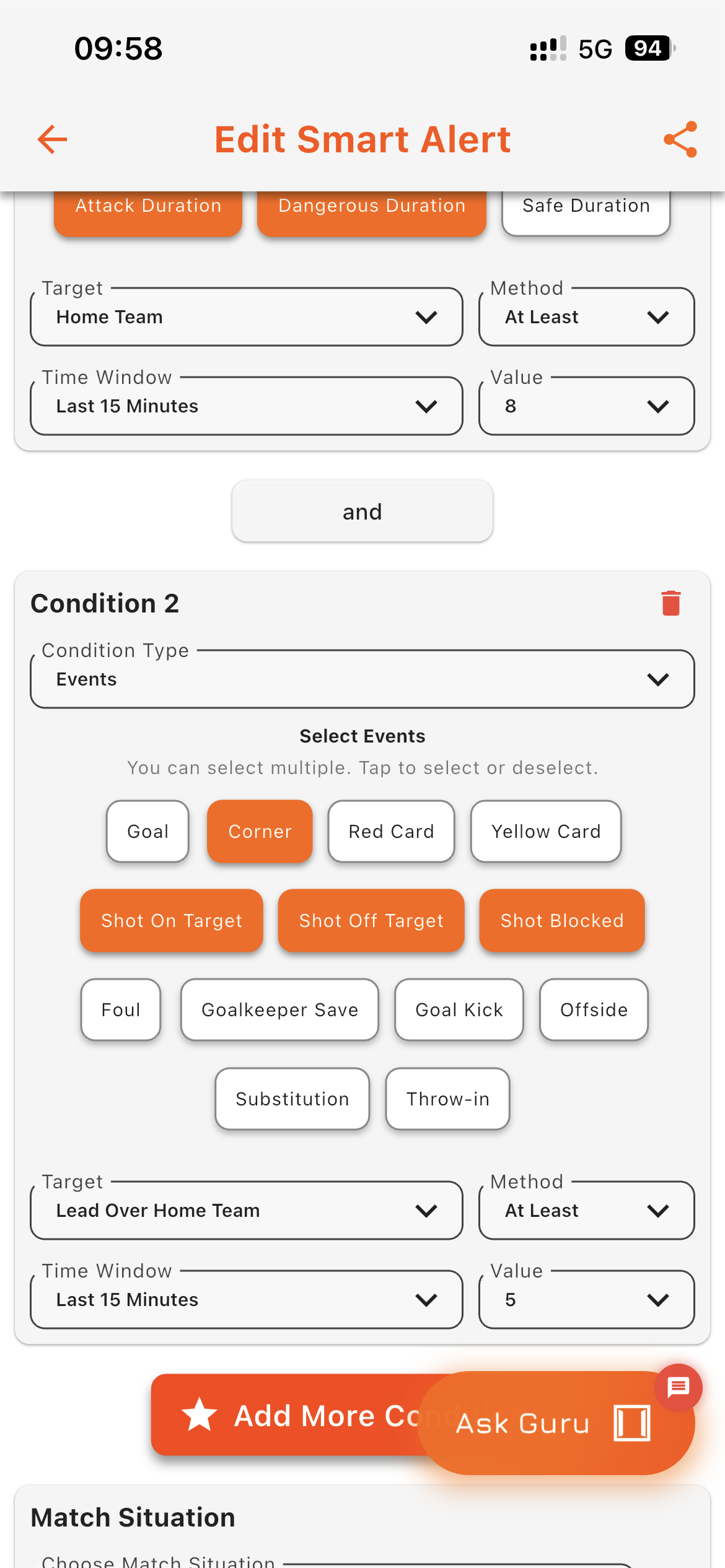 Goal Guru Smart Alerts Configuration Screen